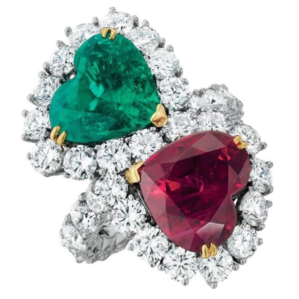Star of Hollywood, Double Heart Ruby and Emerald, Large Cocktail I Love You Ring